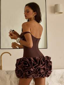 Vowa Rochie elegantă maro din satin elastic, tricotat, cu model patchwork, cu umerii goi, mulată, cu tiv cu volane, potrivită pentru întâlniri, vacanțe, zile de naștere, absolviri, nunți, petreceri, evenimente, rochie de seară, pentru cocktail