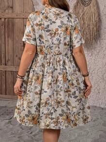 EMERY ROSE 大码女式夏季花卉印花V领短袖乡村度假连衣裙 - 彩色 - 查看 4