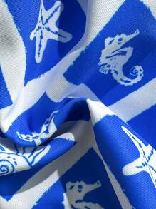 Swim Mod Set de 2 piezas de bikini con parte superior con tirantes finos y espalda descubierta, talla grande Bottom con tiro alto, de estampado aleatorio, para vacaciones de verano - Azul y blanco - Ver 6