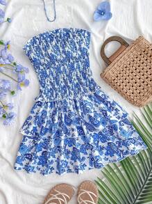 SHEIN Teen Girls' Blue Floral Print Ruched Elastic Bandeau A-Line Dress With Layered Ruffle Hem, Suitable For Vacation, Beach, Daily Wear In Spring & Summer - Blue and White - View 1