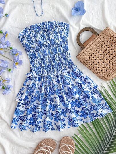 SHEIN Teen Girls' Blue Floral Print Ruched Elastic Bandeau A-Line Dress With Layered Ruffle Hem, Suitable For Vacation, Beach, Daily Wear In Spring & Summer
