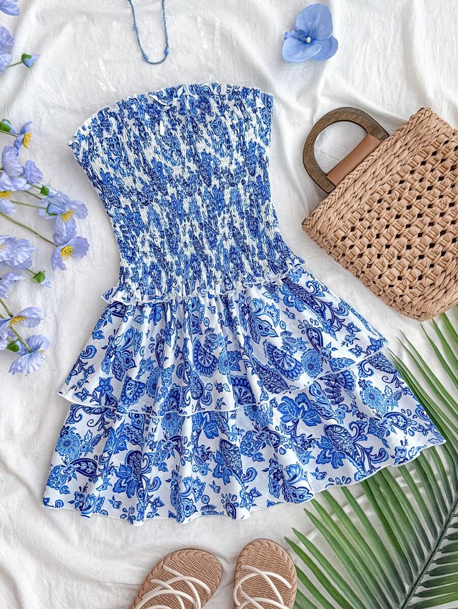 SHEIN Teen Girls' Blue Floral Print Ruched Elastic Bandeau A-Line Dress With Layered Ruffle Hem, Suitable For Vacation, Beach, Daily Wear In Spring & Summer - Blue and White - View 1