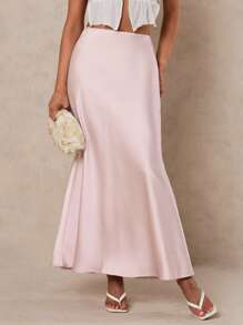 Glamine Women Solid Color High Waist Mermaid Hem Elegant Fashion Skirt,Women Skirt Birthday, Maxi Skirts For Women, Women Skirts Birthday, Women Summer Clothing,Purple Satin Elegant Maxi Skirt - Baby Pink - View 3