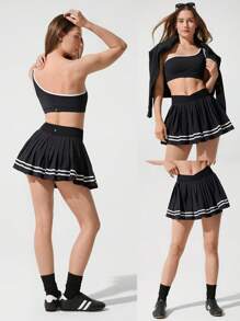 GLOWMODE Quick-Dry Court Crossover Waist Contrast Color Pleated Tennis Skirt Built-In Shorts Side Pockets Non-Slip Grips Tennis Golf Pickleball - Black - View 7