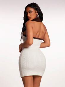 SHEIN SXY 全新夏季休闲性感简约马球领挂脖修身连衣裙针织毛衣女装 - 杏色 - 查看 2