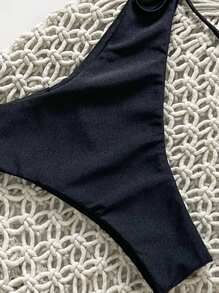 Swim Vcay Springbreak Women's Solid Color Spaghetti Strap Metal Shell Decor Tie Side Simple Bikini Set, Summer - Black - View 5