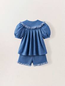 SHEIN Young Girls Embroidered Peter Pan Collar Shirt And Ruffled Shorts Sets