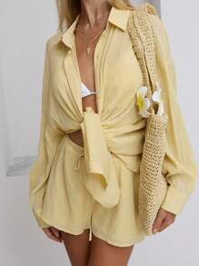 SHEIN PETITE Conjunto de 2 piezas para mujeres de primavera y verano, informal y versátil, con camisa suelta de manga larga de lino trasparente con botones y pantalones cortos de talle bajo de unicolor - Amarillo - Ver 5