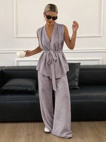 DAZY Bộ 2 món/Bộ áo ba lỗ cổ chữ V màu trơn có thắt lưng và quần ống rộng cho nữ - màu nâu - Xem 4