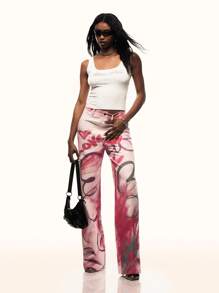 TypaGal 涂鸦印花斜罗纹棉质直筒裤，夏日时尚