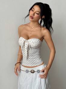 Flirla Petite Women's Casual Front Knot Polka Dot Print Cropped Top - White - View 6