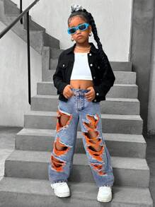 SHEIN Tween Girls' Loose Fit Distressed Pocket Wide Leg Casual Versatile Jeans - Red Violet - View 5