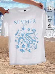 Tseoso 超大宽松休闲海滩度假海洋生物海龟印花 T 恤，柔软 50% 棉，非常适合夏季度假