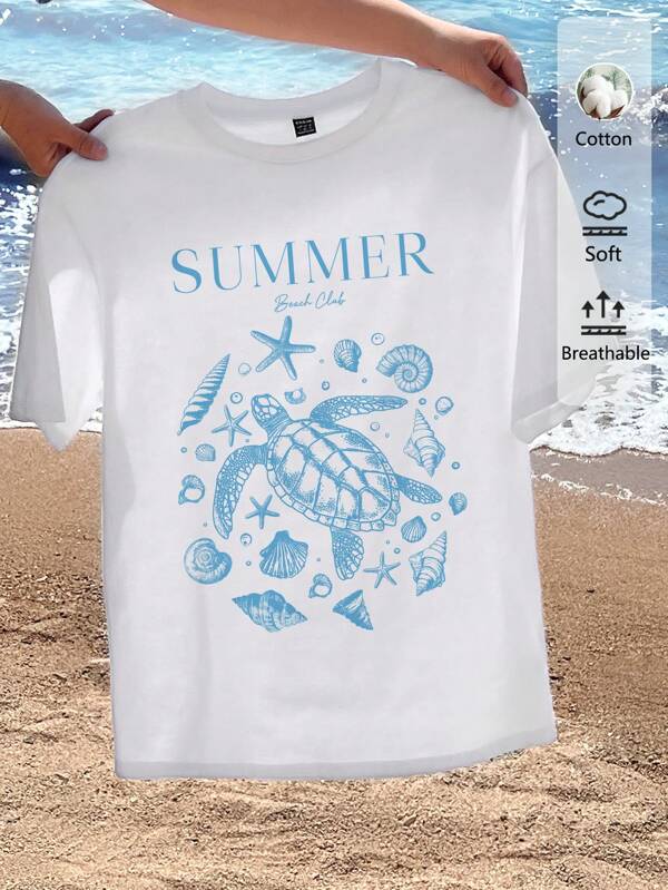 Tseoso Tricou cu imprimeu cu broasca țestoasă, largi, lejer, vacanță la plajă, moale, 50% bumbac, perfect pentru evadarea de vară