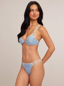 WESTFADE Denim Printed Faux Crochet Low Rise High Cut Leg Ruched Back Summer Western Cowgirl Bikini Bottom - Blue - View 5