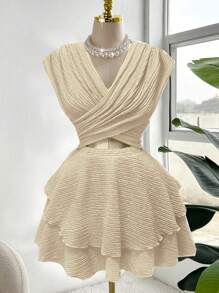 Sweetra 大码女式镂空荷叶边交叉 V 领沙滩裙，时尚设计，春夏新品 - 杏色 - 查看 2