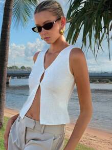 DAZY Vintage-Style Solid Color Women Knit Vest Sweater, Summer New Arrival - Beige - View 3