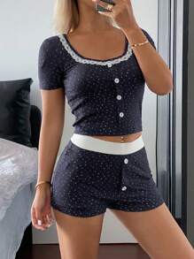 DAZY 碎花撞色修身短袖短裤女式睡衣套装