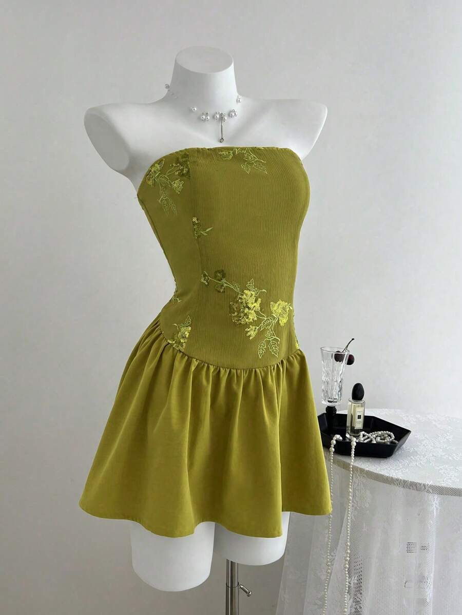 SHEIN Unity Women's Floral Sequin Ruffle Hem Crop Top Dress, Fashionable - Multicolor - View 1