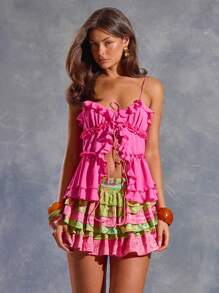 MUSERA Spaghetti Strap Frill Trim Detail Mesh Top Ibiza Y2k Cool Girl Festival Rave Vacation Club Cute Holiday Going Out Tops Party Fall Spring Summer - Pink - View 1