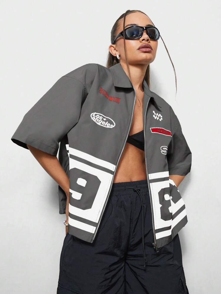 SUMWON WOMEN Racing Graphic Varsity Zip Up Blouse