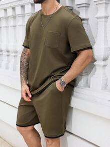 Manfinity Homme 大码男士纯色圆领短袖T恤和短裤套装，休闲百搭 - 軍綠色 - 查看 4