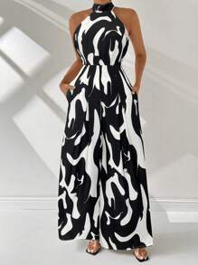 Firerie Plus Size Women's Elegant Holiday All-Over Print Sling Pocket Wide Leg Jumpsuit/Valentine's Day/Concert/Performance Costumes/Dating/Senior Banquet/Dance/Wedding Season/Sexy/Elegant/Commuting/Back To School Season/Vacation/Beach/Elegant Romance/Office Enchantress/Siren Style/Birthday Party Outfits/Boho