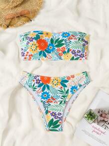 SHEIN Swim Summer Beach Floral Print Bandeau Bikini Set - Multicolor - View 1