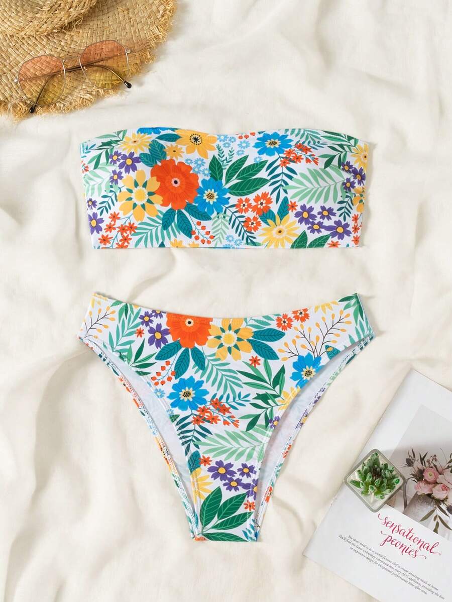 SHEIN Swim Summer Beach Floral Print Bandeau Bikini Set - Multicolor - View 1