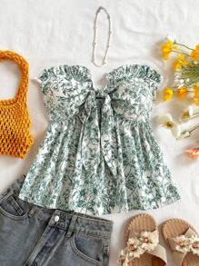 SHEIN PETITE CURVE Blusa sin mangas con volantes y nudos estampados para mujer talla grande