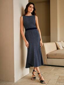 Anewsta Vestido jeans jacquard elegante, sem mangas, midi, justo e moderno para mulheres, adequado para primavera/verão, Páscoa, festivais, feriados e férias - Azul - Ver 6