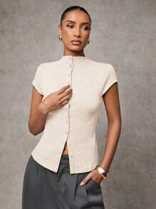 SHEIN BAE Women's Fall Women Outfits Solid Color Mock Neck Top Capped Sleeve Single-Breasted Casual Women Tops,Button Up Women Jersey Shirt, Fleece Sweater Top,Winter Clothes,