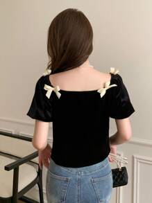 Dazy X KIMYOUJUNG Women Color Blocking Butterfly Decorated Off-Shoulder Short Sleeve Crop Top For Summer,Off Shoulder Top - Black - View 2