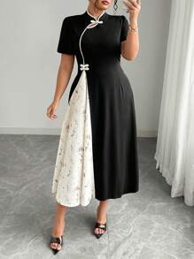 Elenzga Plus Size Women's Elegant Raglan Sleeve Color-Block Stripe & Pattern Chic Chinese Style Midi Dress - Multicolor - View 1