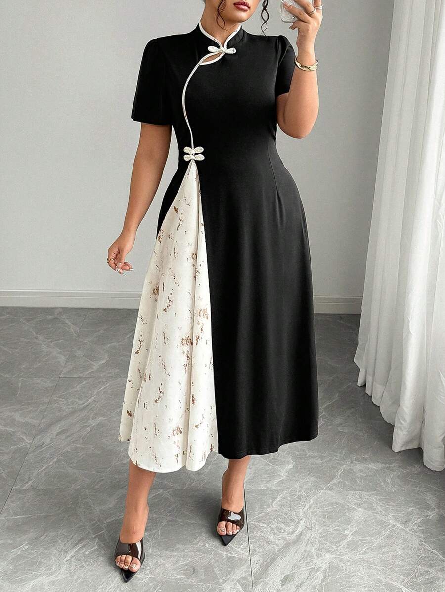 Elenzga Plus Size Women's Elegant Raglan Sleeve Color-Block Stripe & Pattern Chic Chinese Style Midi Dress - Multicolor - View 1