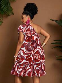 Maweii Plus Size Women Striped Print Ruffle Trim Asymmetrical Shoulder Sleeveless A-Line Dress - Multicolor - View 2