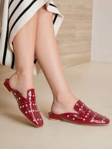 MOTF PREMIUM PU LEATHER HOLLOWED OUT RHINESTONE DECOR FLATS - Burgundy - View 6