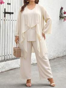 EMERY ROSE Plus Size Women Solid Color Elegant Short Sleeve 2-Piece Set, For Party And Everyday Wear - Apricot - View 5