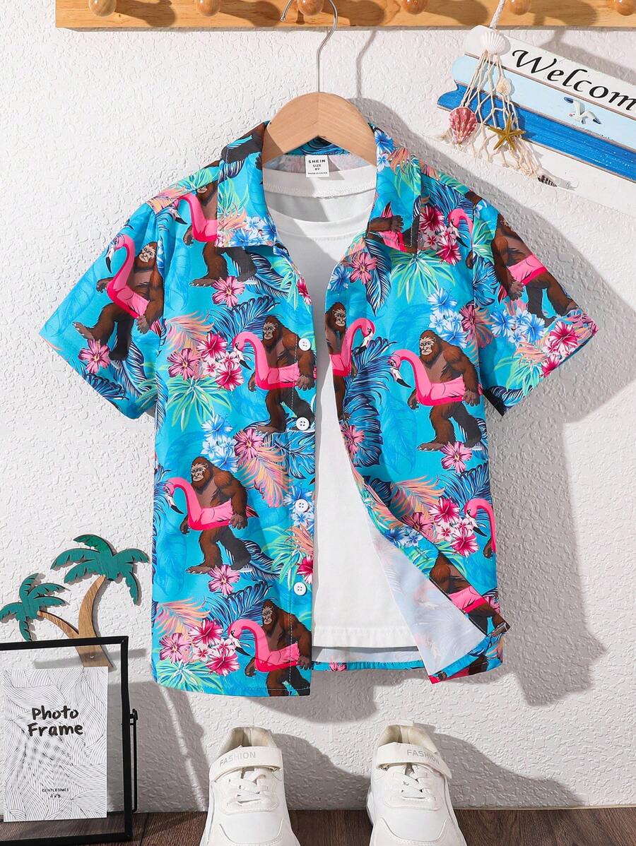 Leap Crew Áo sơ mi ngắn tay in họa tiết nhiệt đới cho bé trai tuổi mới lớn, không có áo phông, mùa hè - Hồng - Xem 1