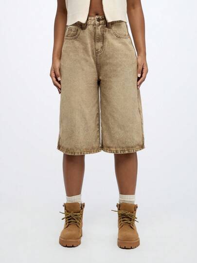 SUMWON WOMEN 复古风格阔腿百慕大短裤超大休闲夏季牛仔短裤高腰宽松街头嘻哈 Y2K 时尚