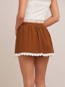WESTFADE High Waist Cute Satin Bow Front Side Zipper Closure Floral Eyelet Hem Voluminous A Line Mini Cowgirl Skort Summer Nashville Vacation Rodeo Festival Boho Brunch - Brown - View 5
