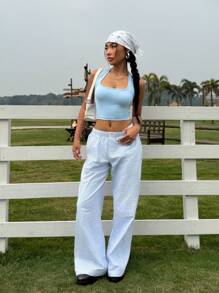 SHEIN EZwear 女式休闲简约浅蓝色露背短款修身背心，夏季 - 淺藍色 - 查看 3