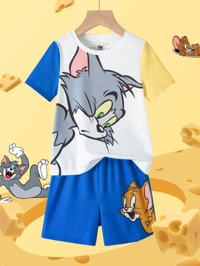 TOM & JERRY X SHEIN Set de 2 piezas que incluye camiseta de manga corta casual y versátil con estampado de dibujos animados para niño pequeño y pantalones cortos azules holgados