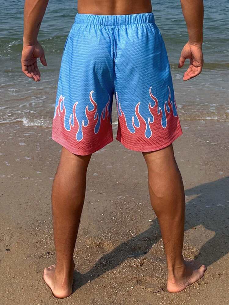 Men's Flame & Letter Print Basketball Shorts, Sports Style, Summer