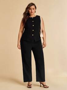 SHEIN BAE Summer Beach Vacation Plus Size Clothing Holiday Clothing Party Gathering, Date Travel, Go Out, Music Festival Clothing, Concert Clothing, Country Music Festival Clothing, Metal Flower Button Commuter Suit Vest Suit Suit Office Suit Work Wear - Black - View 8