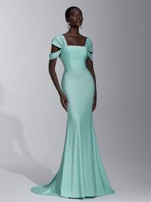 Elitara Elegant, Romantic, Luxurious, Dignified, Knitted Elastic Fabric, Strapless, Waisted, Hollow-Out, Pleated, Metal Chain, Trailing, Fish Tail Hem, Adjustable Back Strap, Suitable For Birthday Party, Date, Wedding, Formal Gala, Formal Evening Dress, Gown, For Wedding Guest