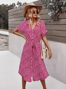 Breezaya Ditsy Floral Tie Front Button Through Dress Maxi Women Outfit - Red - View 4