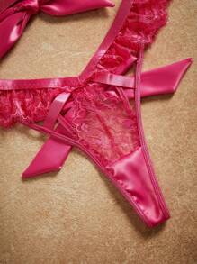 3pcs Vintage Sexy Hollow Out Crotchless Satin & Lace Lingerie Set - Bra + Panty + Nipple Cover - Hot Pink - View 4