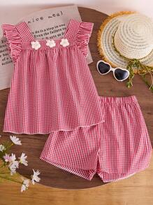 2pcs/Set Teenage Girls Casual Floral & Striped Pattern Comfortable Sleeveless Top And Shorts Set, Summer