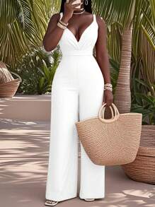 Slaydiva 2025 年夏季新款音乐节、复活节、西部风、游牧风、优雅、端庄的女士连体裤，适合婚礼、生日、毕业典礼、学生日常、休闲、度假、邮轮旅行、海滩、日光浴、流行深 V 领、结饰、交叉带、收腰、橙色 - 白色 - 查看 2